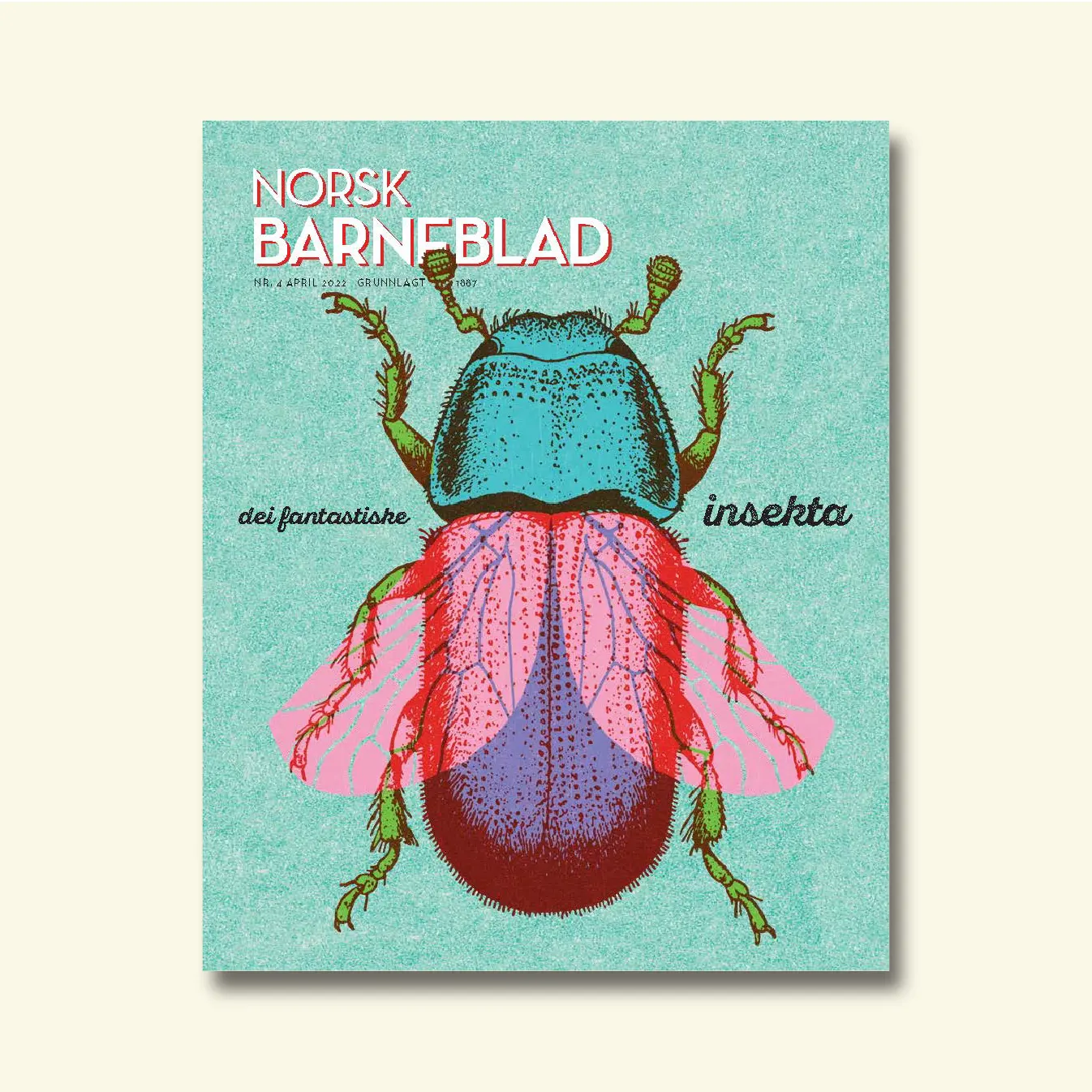 Framside av Norsk Barneblad nr. 4/2022 «Dei fantastiske insekta», illustrasjon av eit stort insekt med utfolda vengjer i botanisk stil mot ein turkis bakgrunn.