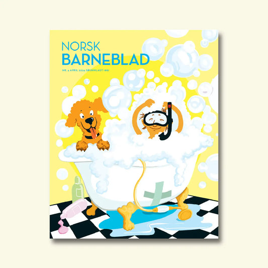 Framside av Norsk Barneblad nr. 4/2024 «Hygiene», illustrasjon av ein hund og eit barn med dykkarmaske i eit badekar fullt av skum, av Mai Lindberg.