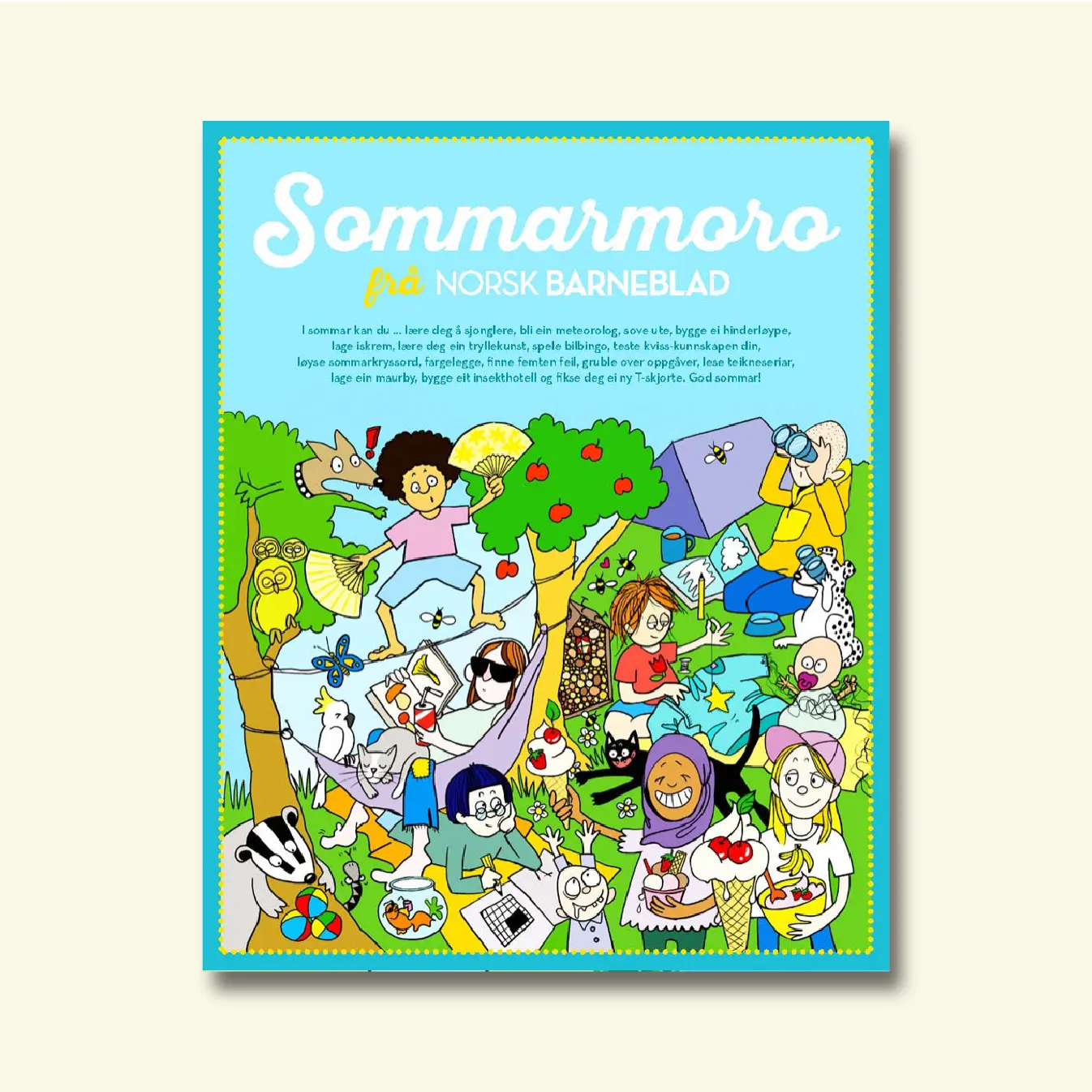 Framside av aktivitetsheftet «Sommarmoro frå Norsk Barneblad», fargerik illustrasjon av barn og dyr med sommaraktivitetar som sjonglering, hengekøye og telt.