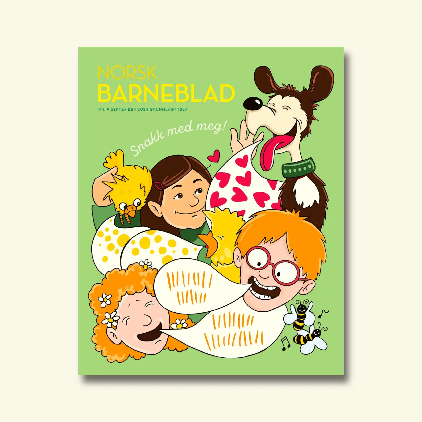 Framside av Norsk Barneblad nr. 9/2024 «Snakk med meg!», illustrasjon av born og ein hund som snakkar saman med tekstbobler og bier.