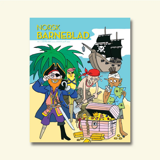 Framside av Norsk Barneblad nr. 9/2022 «Dei grufulle piratane», illustrasjon av ein piratkaptein med papegøye, skattekiste og piratskip på ei strand, av Mai Lindberg.