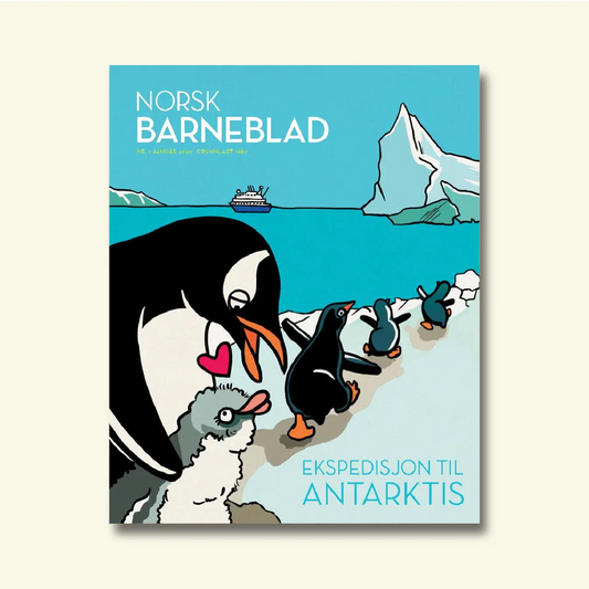 Framside av Norsk Barneblad nr. 1/2020 «Ekspedisjon til Antarktis», illustrasjon av pingvinar på isen med eit skip og eit isfjell i bakgrunnen.