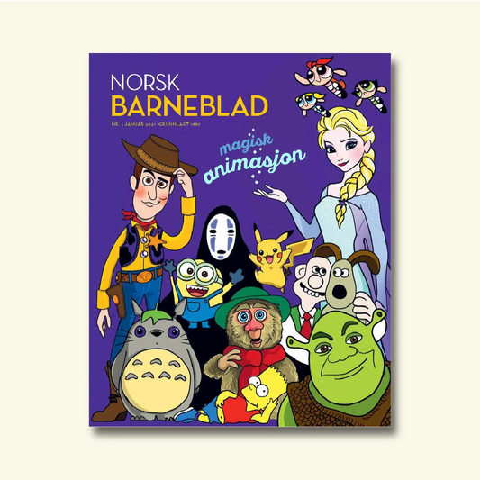 Framside av Norsk Barneblad nr. 1/2021 «Magisk animasjon», collage av kjende animasjonsfigurar frå film og TV.