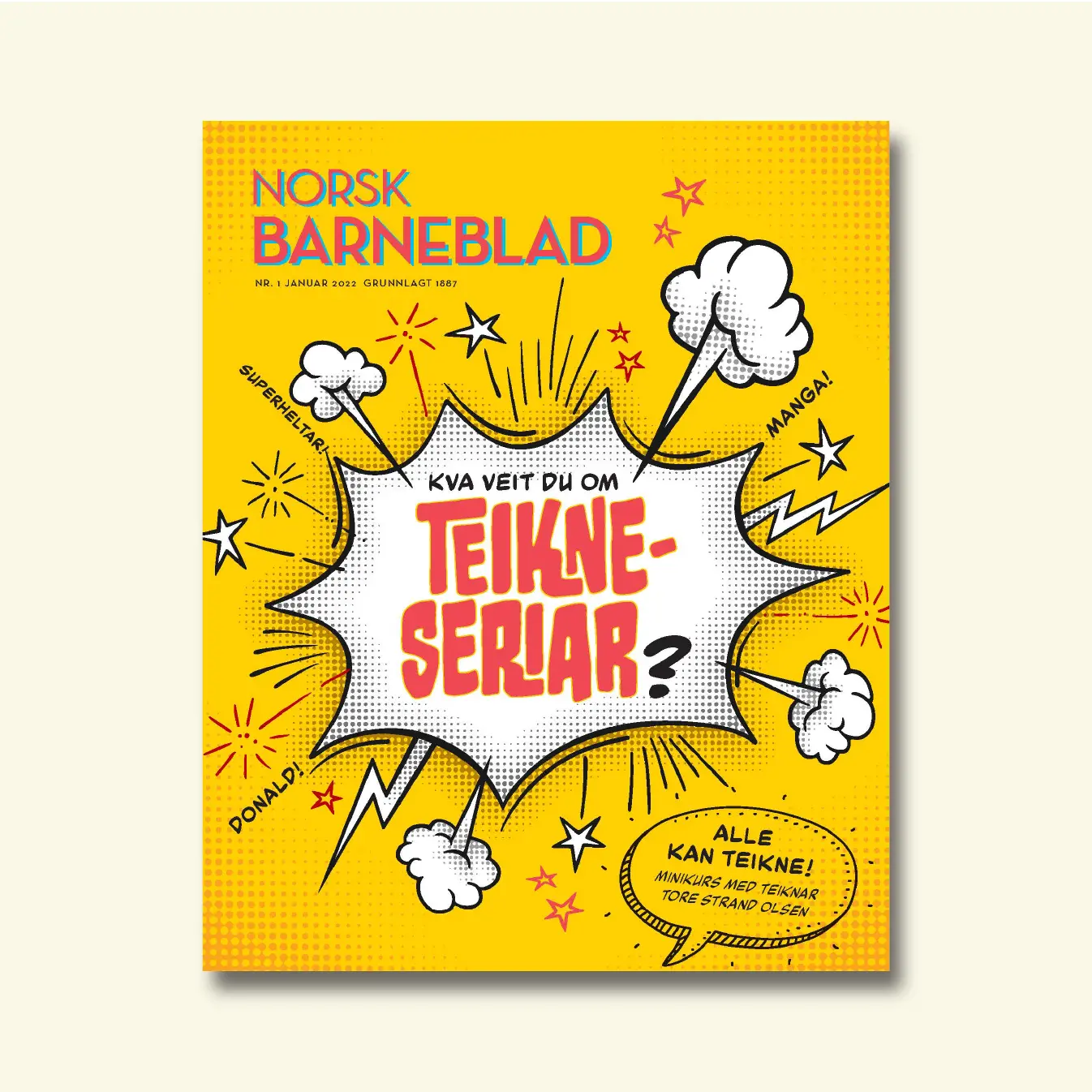 Framside av Norsk Barneblad nr. 1/2022 «Teikneseriar», teikneserie-eksplosjon med stjerner og lyn, teksten «Kva veit du om teikneseriar?»