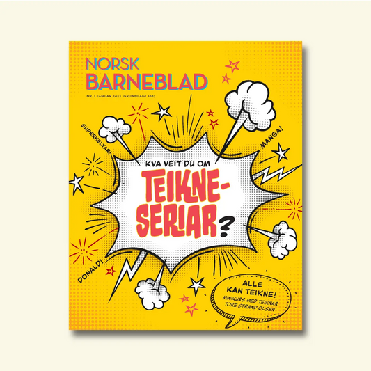 Framside av Norsk Barneblad nr. 1/2022 «Teikneseriar», teikneserie-eksplosjon med stjerner og lyn, teksten «Kva veit du om teikneseriar?»