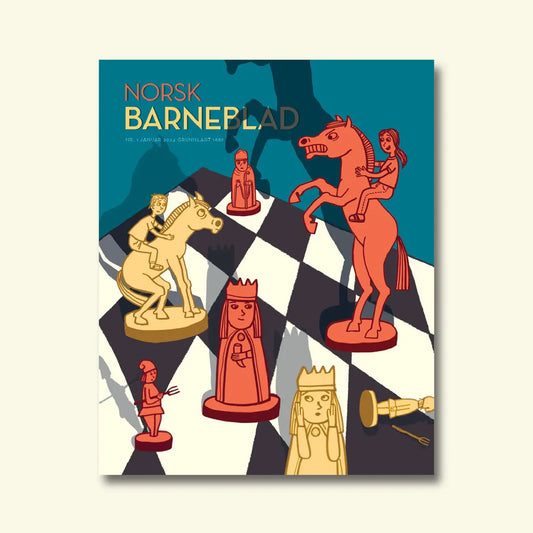 Framside av Norsk Barneblad nr. 1/2024 «Spel», illustrasjon av born som rir på store sjakkbrikker på eit sjakkbrett.