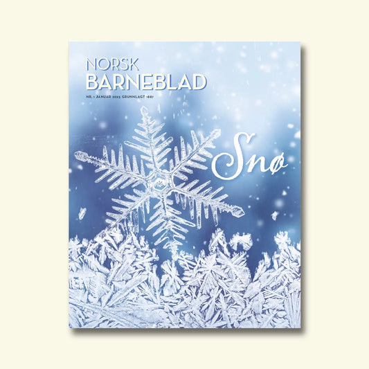 Norsk Barneblad, nr. 1 januar 2025, framside med ein nærbilete av ein snøkrystall over rimfrost mot ein blå bakgrunn