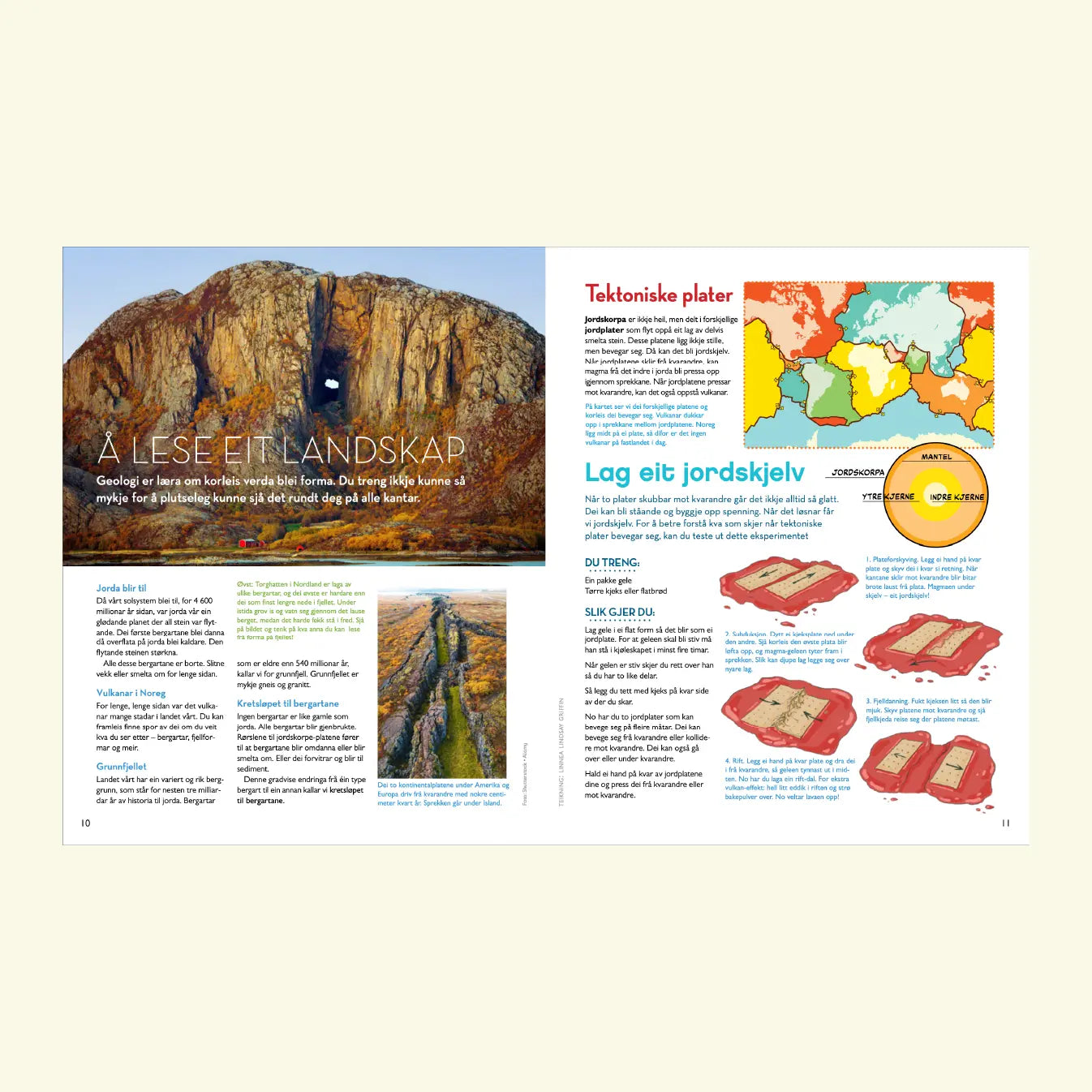 Oppslag frå Norsk Barneblad om geologi, med artikkelen «Å lese eit landskap» og eit foto av Torghatten i Nordland, samt artikkelen «Tektoniske plater» med verdskart og ei DIY-øving for å lage eit jordskjelv med kjeks og gelé
