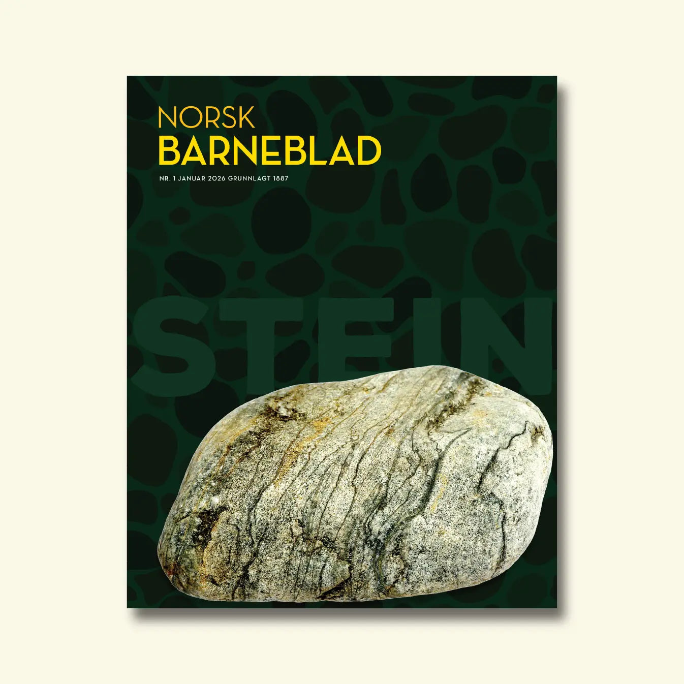Norsk Barneblad, nr. 1 januar 2026, framside om stein med ein stripete naturstein mot ein mørkegrøn bakgrunn