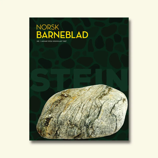 Norsk Barneblad, nr. 1 januar 2026, framside om stein med ein stripete naturstein mot ein mørkegrøn bakgrunn