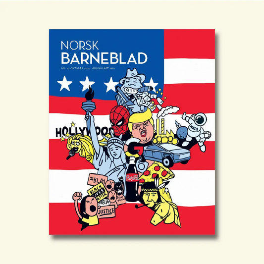 Framside av Norsk Barneblad nr. 10/2020 «USA eller Amerika», collage av amerikanske symbol, kjende skikkelsar og samfunnsspørsmål på eit stjernebanner.