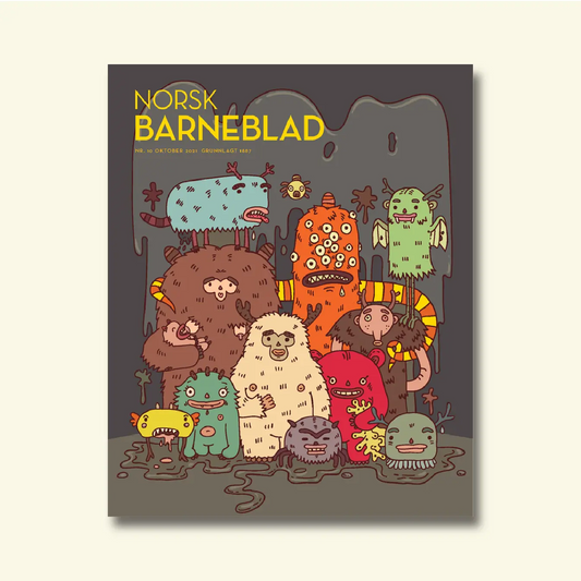 Framside av Norsk Barneblad nr. 10/2021 «Kryptidar», illustrasjon av ei gruppe fantasifulle monster og mytiske skapningar.