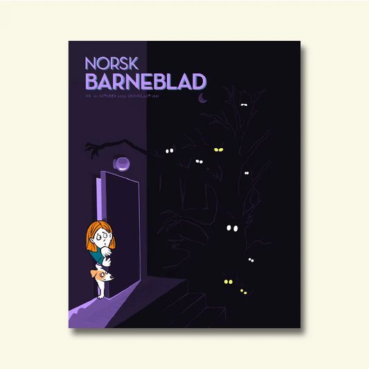 Framside av Norsk Barneblad nr. 10/2023 «Frykt», illustrasjon av ei jente og ein hund som kikar ut i eit mørkt, skummelt landskap med lysande auge.