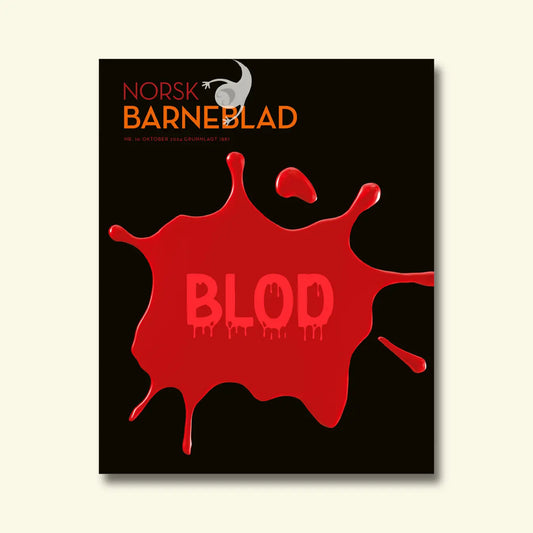 Framside av Norsk Barneblad nr. 10/2024 «Blod», svart bakgrunn med eit raudt blodsprut og ordet «BLOD» i midten.