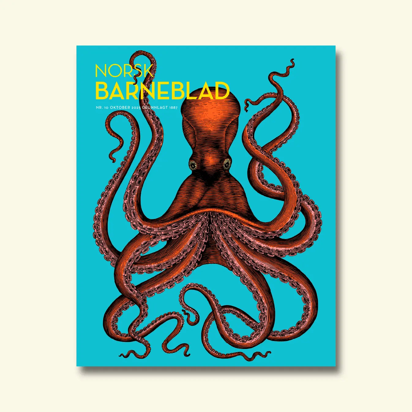 Norsk Barneblad, nr. 10 oktober 2025, framside med ein illustrert raud blekksprut mot ein turkis bakgrunn