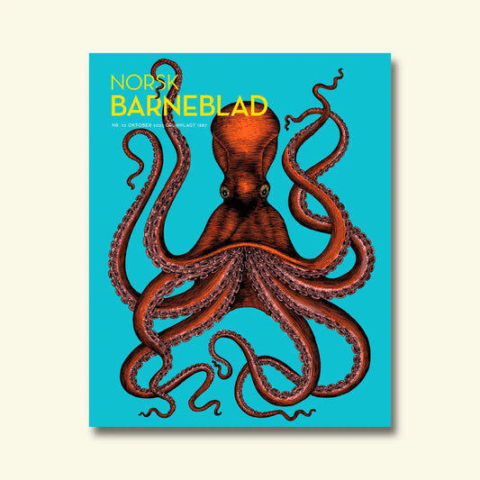 Norsk Barneblad, nr. 10 oktober 2025, framside med ein illustrert raud blekksprut mot ein turkis bakgrunn