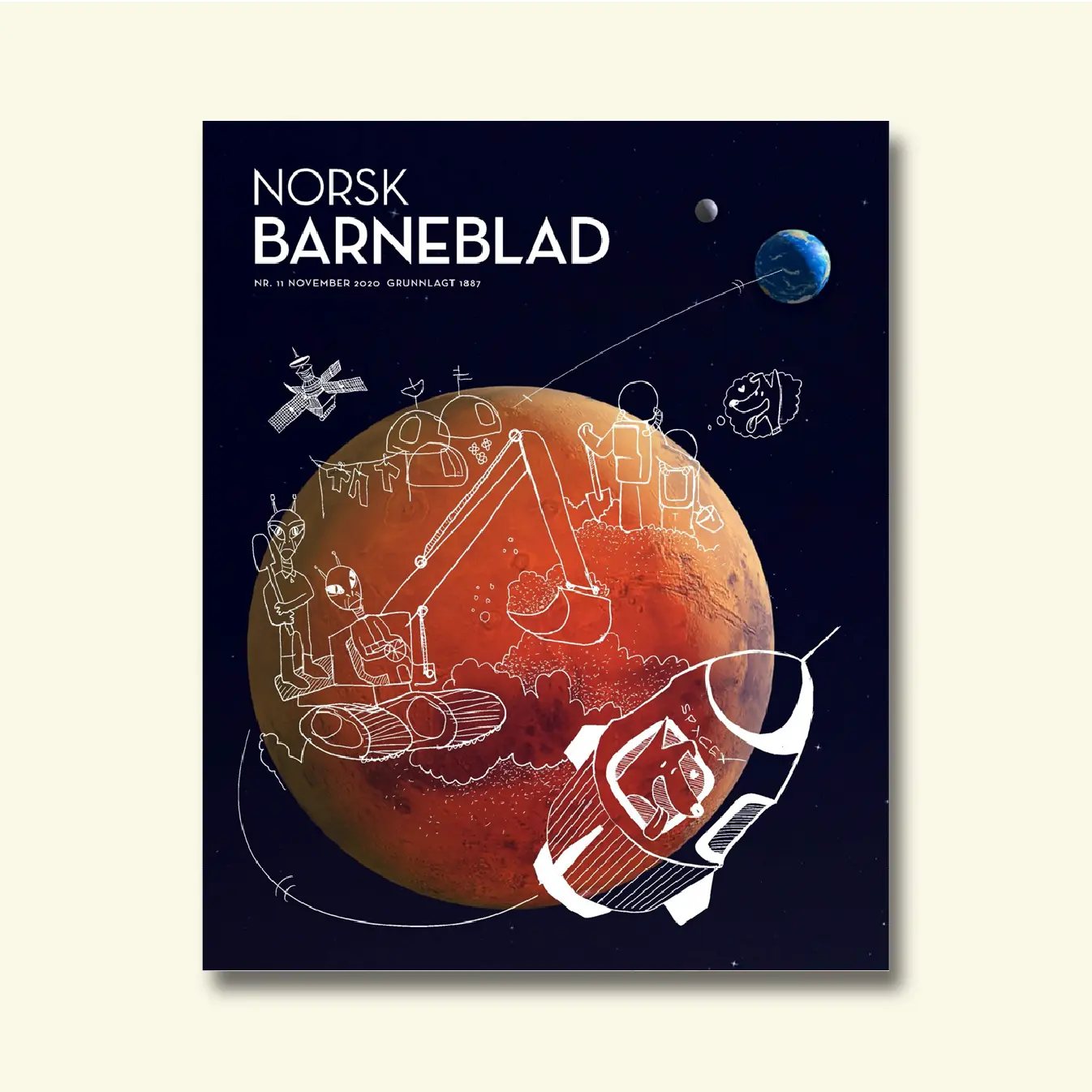 Framside av Norsk Barneblad nr. 11/2020 «Romfart», illustrasjon av Mars med romfarar, ein gravemaskin og romvesen, og jorda synleg i bakgrunnen.