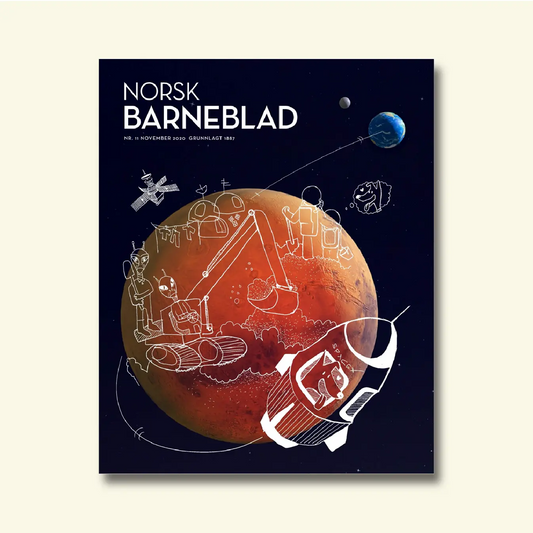 Framside av Norsk Barneblad nr. 11/2020 «Romfart», illustrasjon av Mars med romfarar, ein gravemaskin og romvesen, og jorda synleg i bakgrunnen.