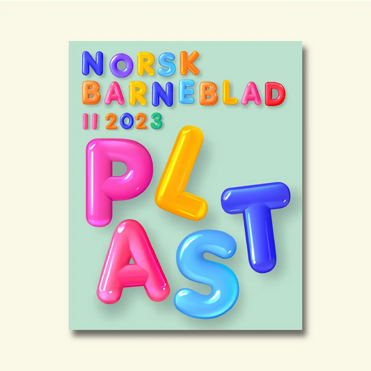Framside av Norsk Barneblad nr. 11/2023 «Plast», fargerike, blanke 3D-bokstavar som stavar «PLAST» mot ein mintgrøn bakgrunn.