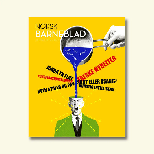 Framside av Norsk Barneblad nr. 11/2024 om kjeldekritikk, collage med ein gut som skrik ut løgn og tull frå ei gryte, omgitt av overskrifter som «Falske nyheiter» og «Jorda er flat».
