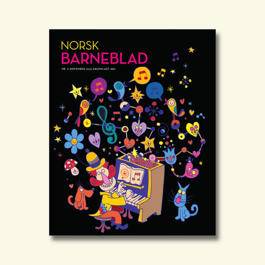 Norsk Barneblad, nr. 11 november 2025, framside om musikk med ein fargerik illustrasjon av ein mann som spelar piano omgitt av notar, stjerner og dyr på svart bakgrunn