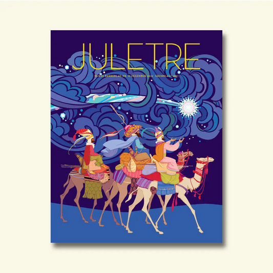 Framside av Juletre frå Norsk Barneblad nr. 12/2022, illustrasjon av dei tre vise menn på kamelar under ei stjerneklar natt med ornamentale skyer.