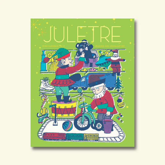 Framside av Norsk Barneblad nr. 12/2024 «Juletre», illustrasjon av nisse og julenisse som pakkar leiker på ei julehylle med tog, sykkel og trommer.