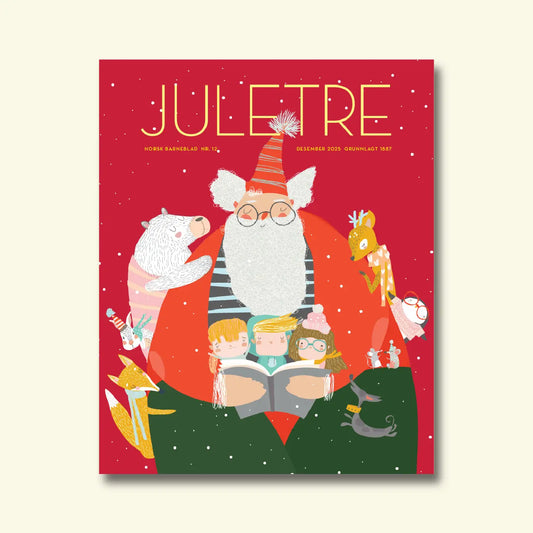 Norsk Barneblad, Juletre, nr. 12 desember 2025, framside med ein julenisse som les bok for tre barn, omgitt av dyr som isbjørn, rev, hjort og mus