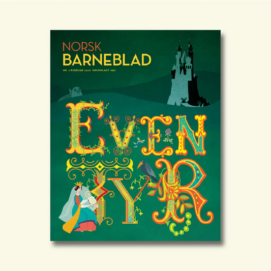 Framside av Norsk Barneblad nr. 2/2020 «Eventyr», dekorativ bokstavillustrasjon med slott, ei prinsesse, ein trolldal og ein ramn.