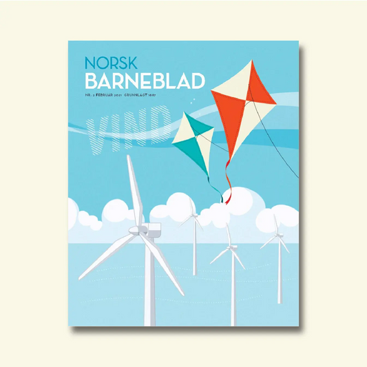 Framside av Norsk Barneblad nr. 2/2021 «Vind», illustrasjon av drakar som flyg over vindturbinar til havs.