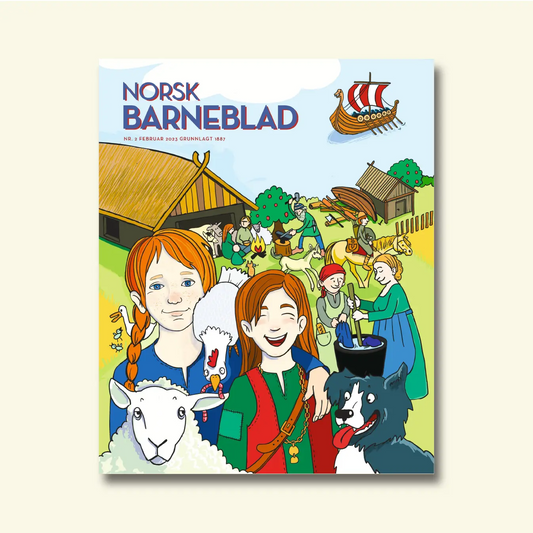 Framside av Norsk Barneblad nr. 2/2023 «Vikingtida», illustrasjon av born på ein vikinggard med dyr, eit vikingskip og folk i arbeid, av Mai Lindberg.