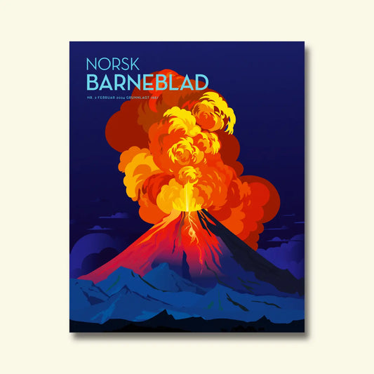 Framside av Norsk Barneblad nr. 2/2024 «Vulkanar», illustrasjon av eit vulkanutbrot med raud lava og oransje røykskyer over eit blått fjell.