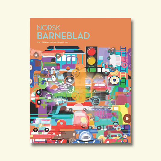 Norsk Barneblad, nr. 2 februar 2025, framside med eit fargerikt kollasjmønster av bilar, bussar og andre køyretøy mot ein oransje bakgrunn