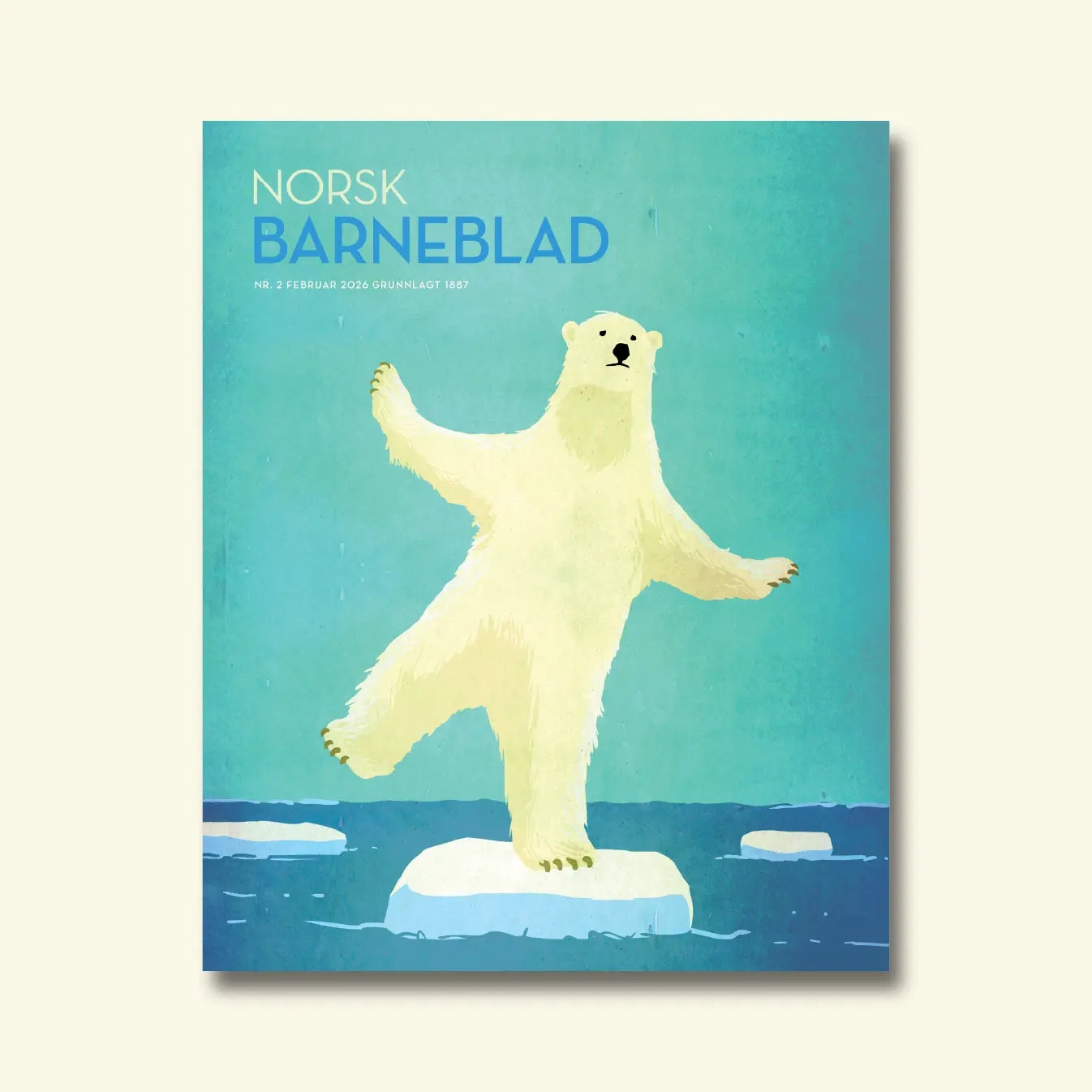 Norsk Barneblad, nr. 2 februar 2026, framside om Arktis med ein illustrert isbjørn som balanserer på eit isflak i eit turkist polarhav