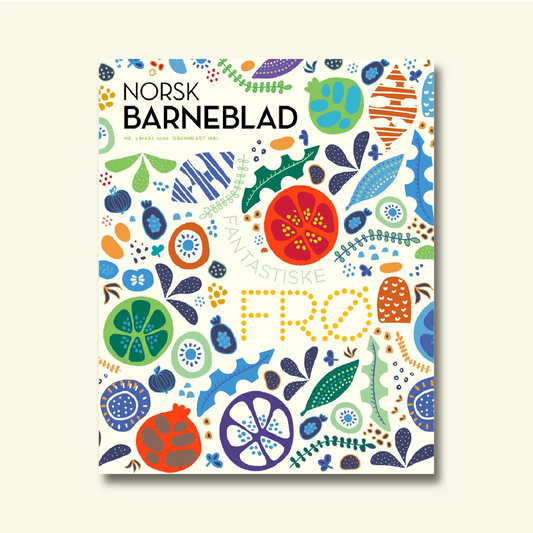 Framside av Norsk Barneblad nr. 3/2020 «Fantastiske frø», mønster av fargerike frukter, frø og blad.
