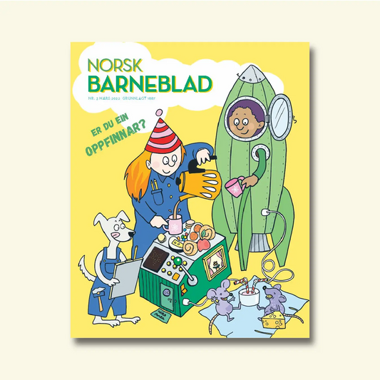 Framside av Norsk Barneblad nr. 3/2022 «Er du ein oppfinnar?», illustrasjon av ei jente som oppfinn noko ved eit apparat, ein hund med teikneblokk og ein gut i ei romrakett.
