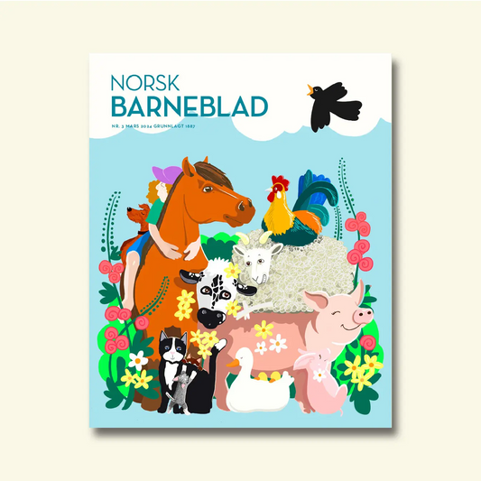 Framside av Norsk Barneblad nr. 3/2024 «Dyra på garden», med illustrasjon av hest, hund, høne, sau, ku, gris, katt, kanin og and omgitt av blomster.