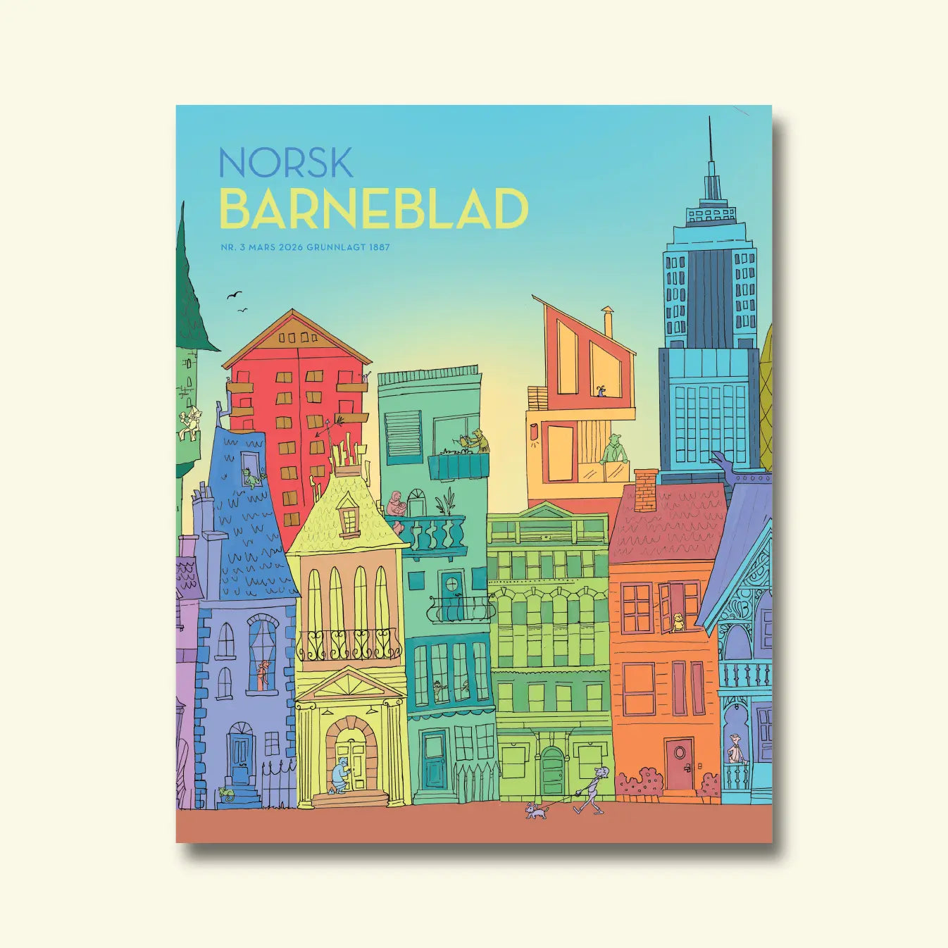 Norsk Barneblad, nr. 3 mars 2026, framside om arkitektur med ei fargerik teikning av bygardar i ulike fargar og stilar, med folk og dyr i vindauge og på balkongar
