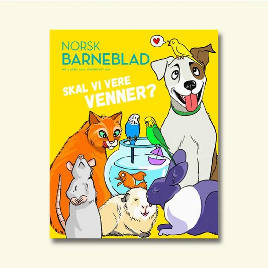 Framside av Norsk Barneblad nr. 4/2020 «Skal vi vere venner?», illustrasjon av ein hund, katt, fugl, kanin, marsvin og rotte samla rundt eit akvarium.