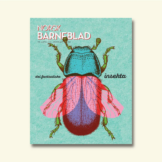 Framside av Norsk Barneblad nr. 4/2022 «Dei fantastiske insekta», illustrasjon av eit stort insekt med utfolda vengjer i botanisk stil mot ein turkis bakgrunn.