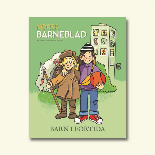 Framside av Norsk Barneblad nr. 4/2023 «Barn i fortida», illustrasjon av eit barn i steinalderklede ved sida av eit moderne barn med basketball framfor ein bygård, av Mai Lindberg.