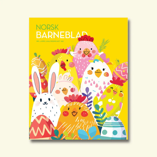 Norsk Barneblad, nr. 4 april 2025, framside med ein kanin og fleire kyllingar omgitt av pynta påskeegg mot ein gul bakgrunn