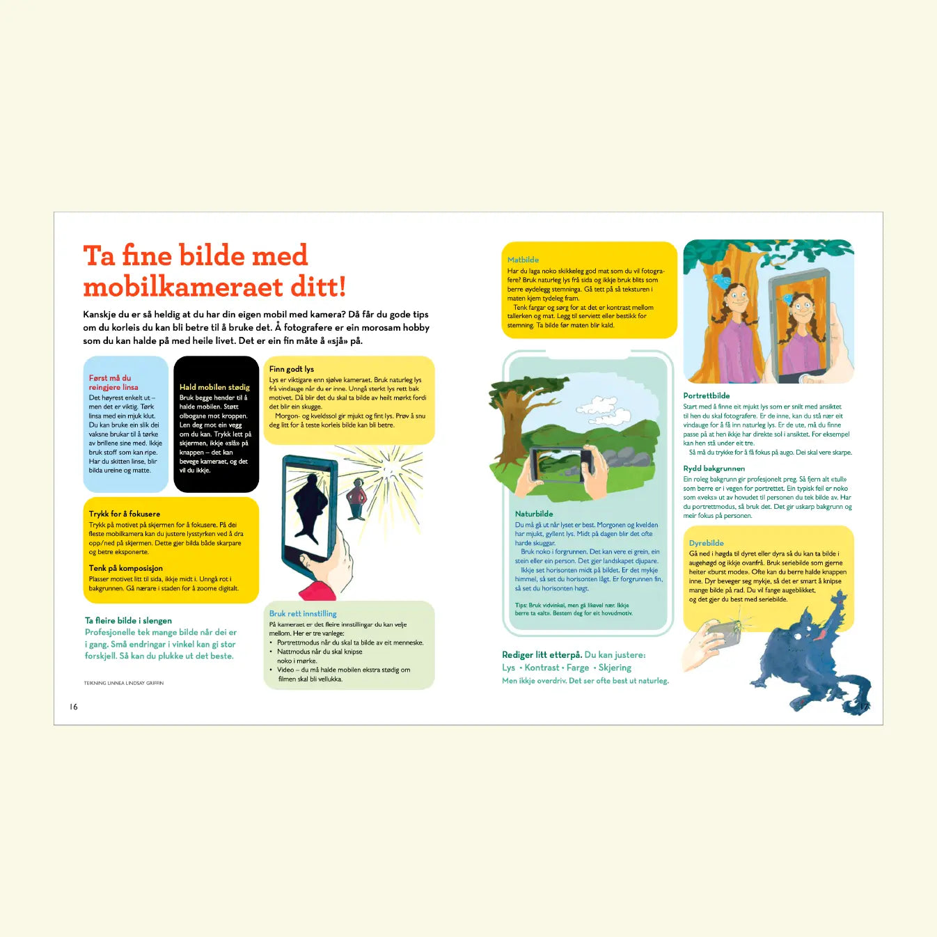 Oppslag frå Norsk Barneblad med tips til mobilfotografering, inkludert illustrasjonar om linsereingjering, fokus, komposisjon, lys og bilettypar som portrett, natur, mat og dyr