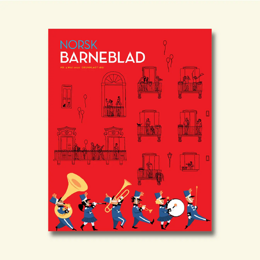 Framside av Norsk Barneblad nr. 5/2020 «Demokratiet vårt», illustrasjon av folk som feirar på balkongar og eit korps som spelar i gatene.