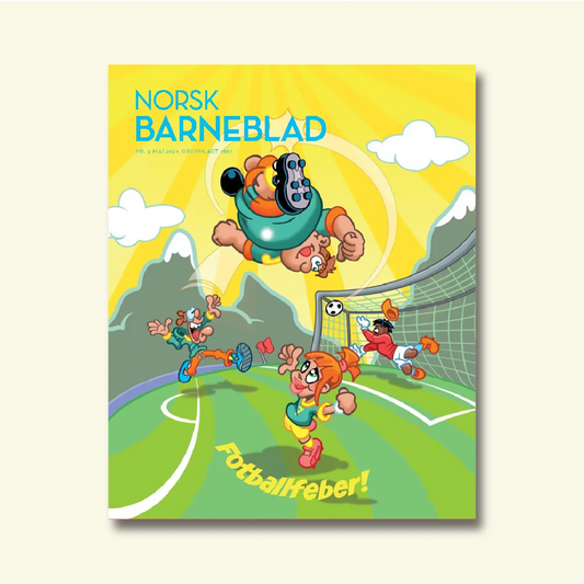 Framside av Norsk Barneblad nr. 5/2021 «Fotballfeber», illustrasjon av fotballspelarar i aksjon foran mål, med teksten «Fotballfeber!».