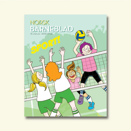 Framside av Norsk Barneblad nr. 5/2022 «Sport», illustrasjon av born som spelar volleyball ved eit nett, av Mai Lindberg.
