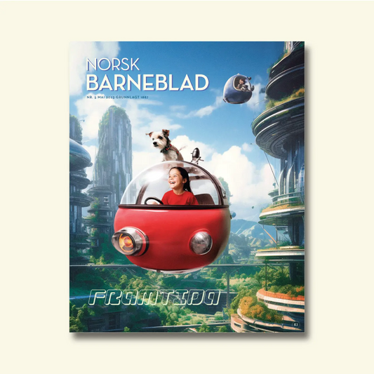 Framside av Norsk Barneblad nr. 5/2023 «Framtida», KI-generert bilde av eit barn og ein hund i eit futuristisk flygande køyretøy over ein grøn by.