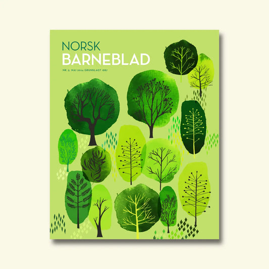 Framside av Norsk Barneblad nr. 5/2024 «Tre», illustrasjon av ulike grøne tre i akvarellstil mot lysegrøn bakgrunn.