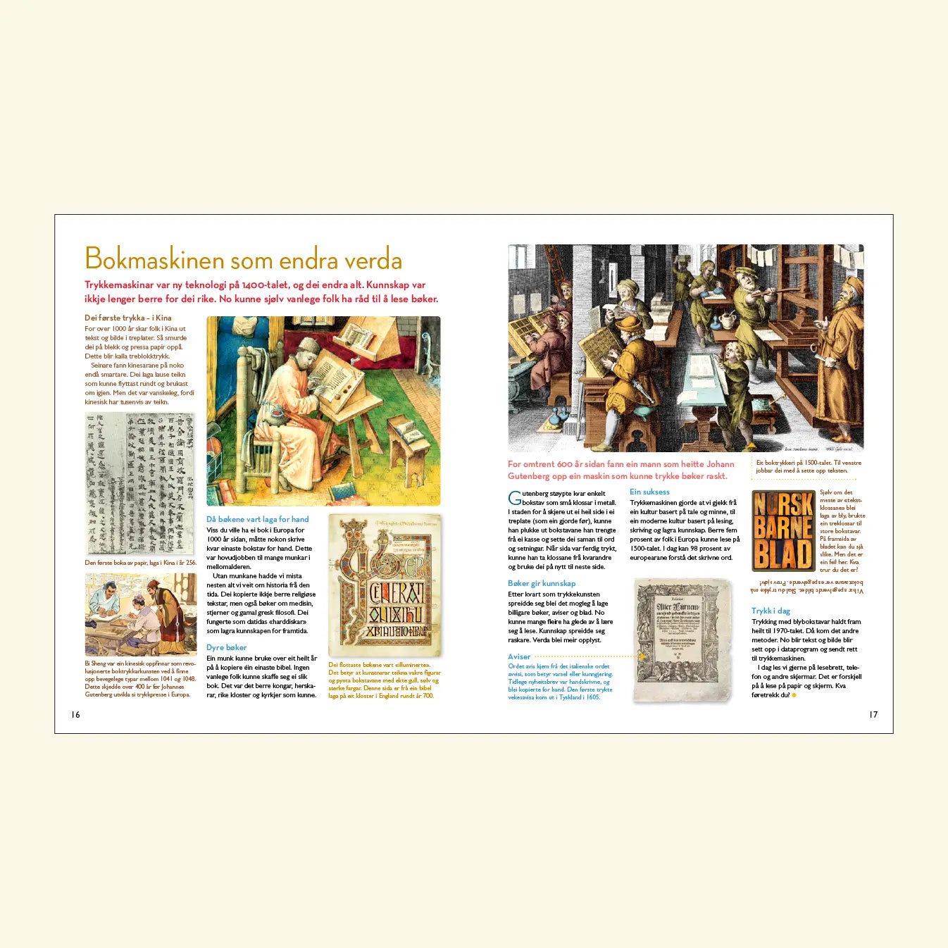 Norsk Barneblad, nr. 5 2026, oppslag frå artikkelen om Gutenberg og trykkekunsten, med illustrasjonar av ein munk som skriv for hand, tidleg kinesisk treblokktrykk og eit boktrykkarverkstad frå 1500-talet