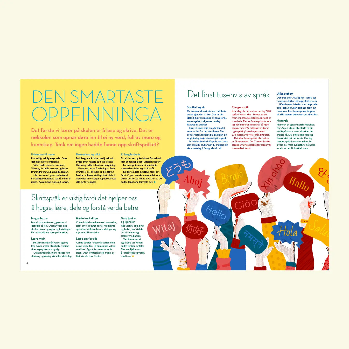 Norsk Barneblad, nr. 5 2026, oppslag om skriftspråk og verdas mange språk, illustrert med hender som held opp talebobler med helsingar på ulike språk og skriftsystem